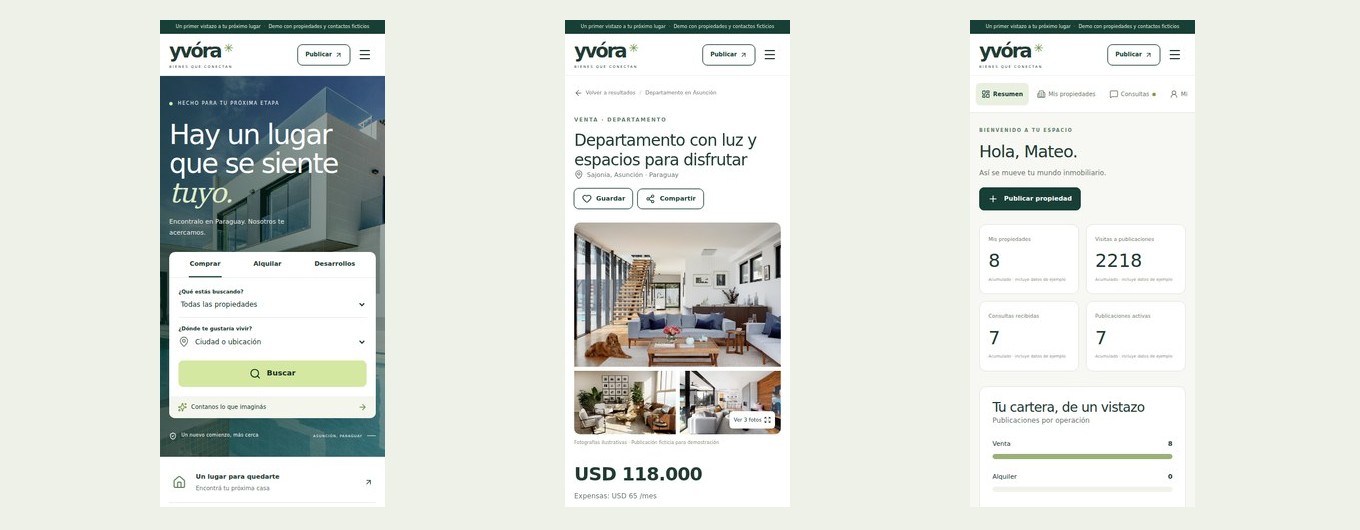 Inicio, ficha y panel de la demo inmobiliaria en celular